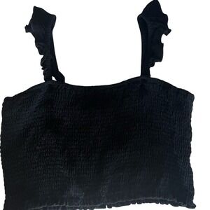 Anrabess Ladies Large Elegant Black Ruffle Strap Stretch‎ Crop Top